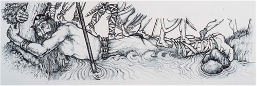 Bendigeidfran lying across a river