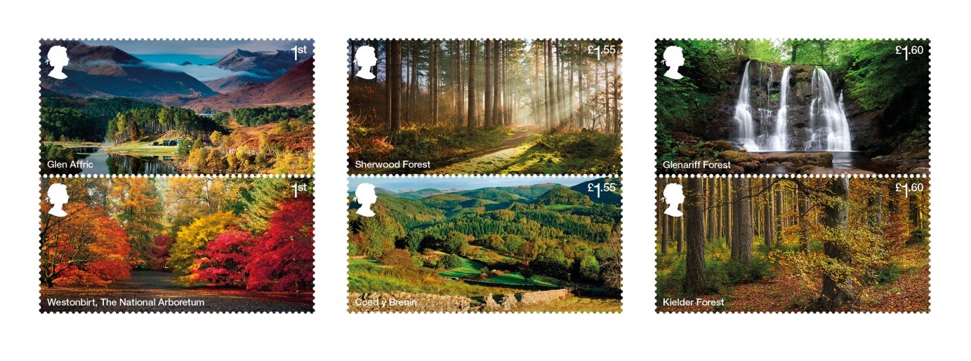 An image of six stamps, each with a photo of a different forests across the UK