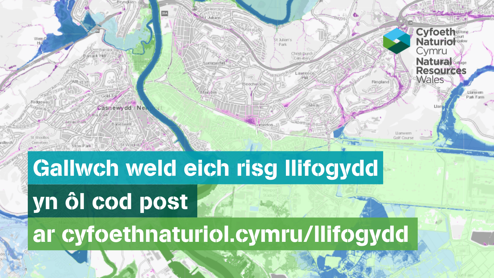 Graffig sy'n dweud gallwch weld eich risg llifogydd yn ôl cod post