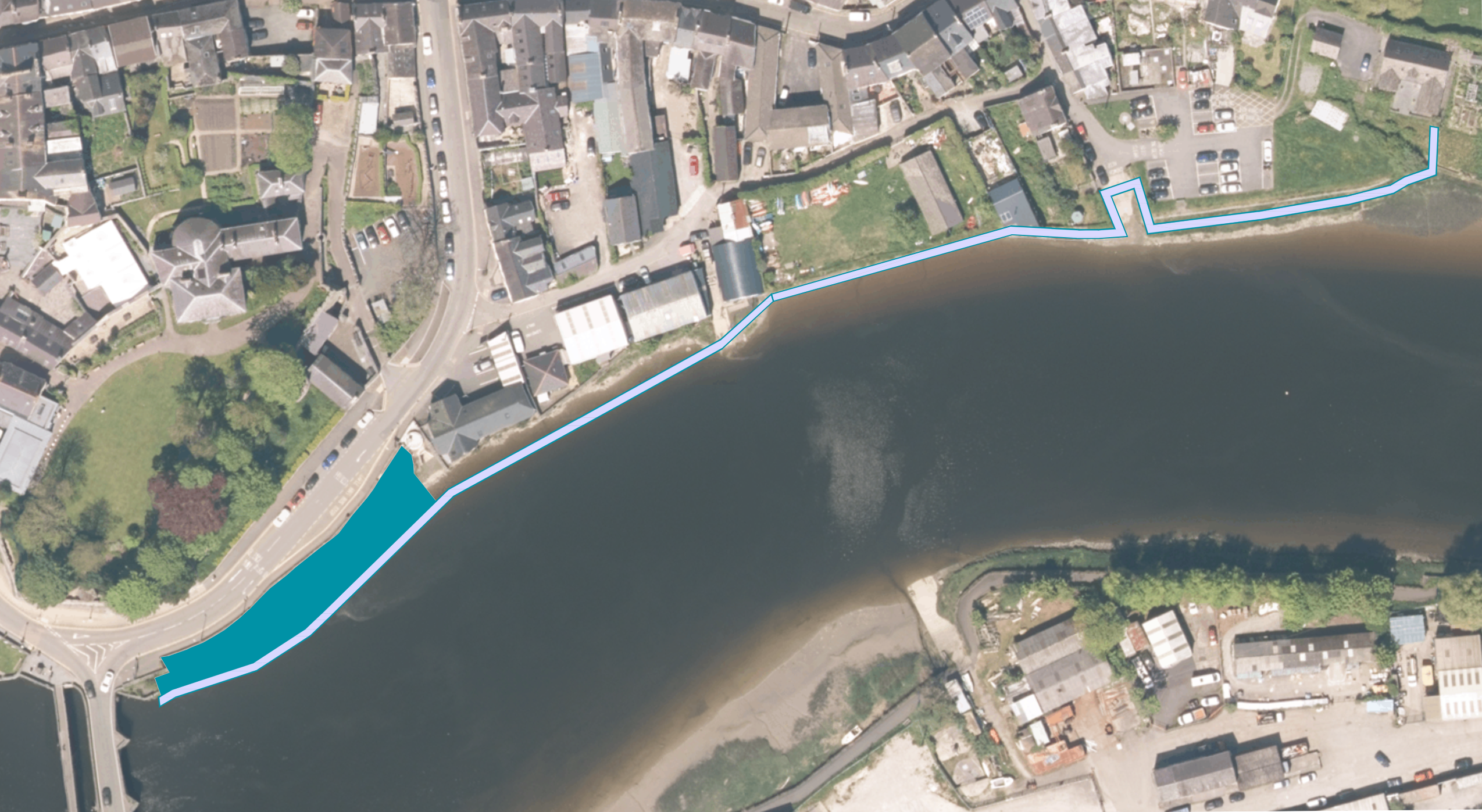 A map showing the indicative placement of the proposed flood wall in Cardigan