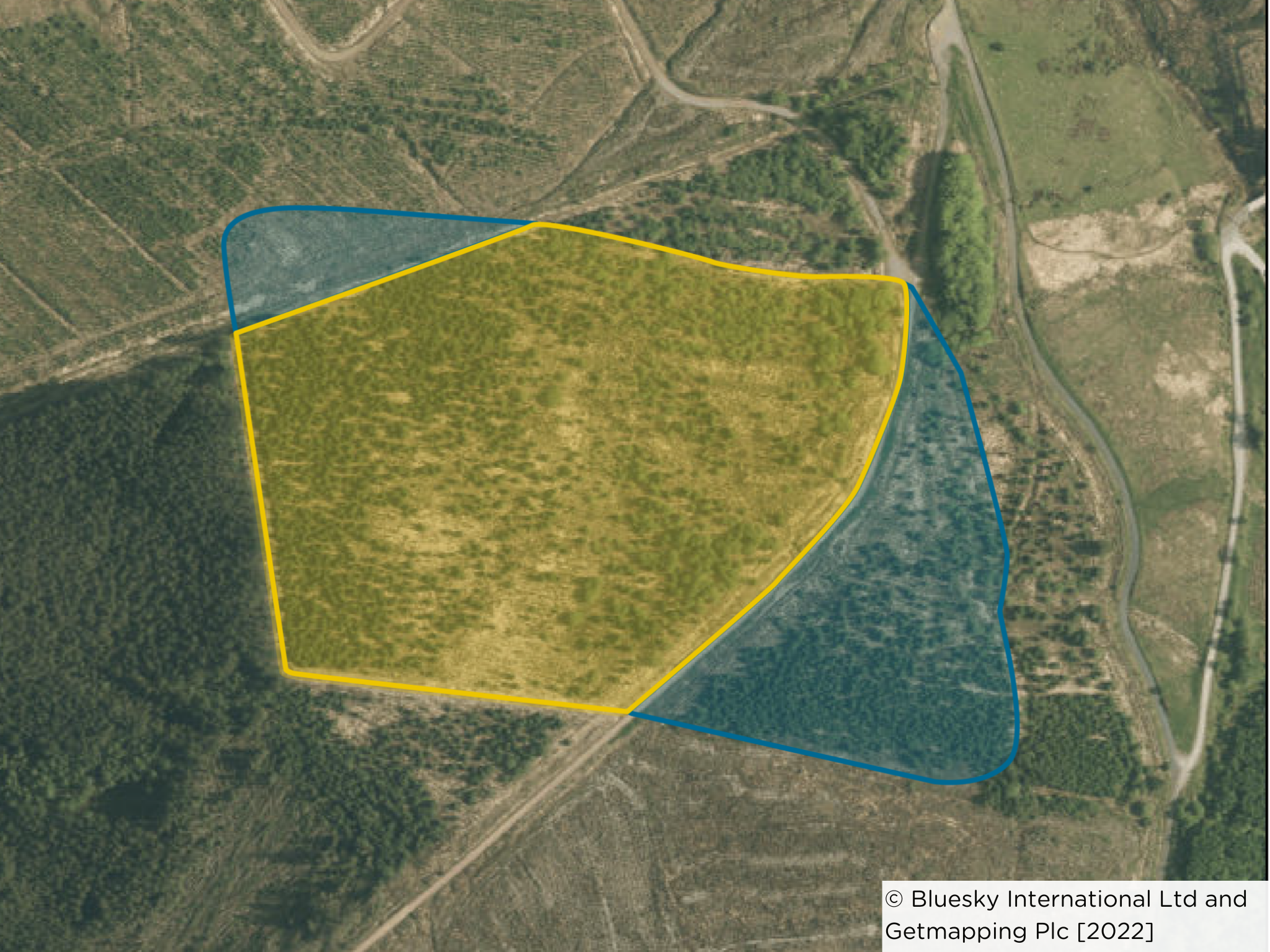 Aerial image of the camp with the boundary highlighted to show the outline. Different shade of highlight shows the areas protected, and those that cannot be protected